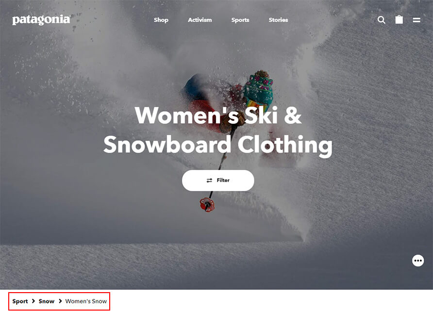 Website accessibility tip: A breadcrumb trail helps users identify where they are and navigate to previous webpages. The Patagonia website uses a breadcrumb trail.