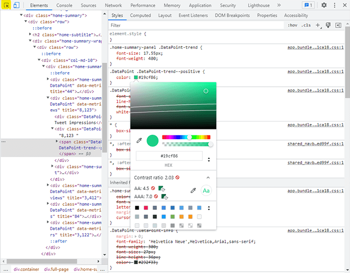 Chrome Dev Tools' contrast checker showing problems with Twitter Analytics.