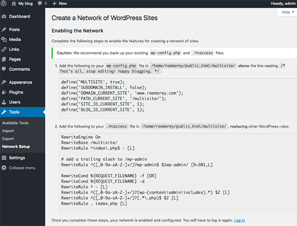 The admin area of WordPress Multisite, showing instructions. 