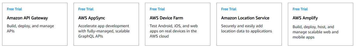 AWS API Gateway, AppSync, Device farm, Location Service and Amplify