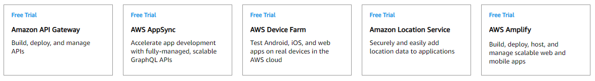 AWS API Gateway, AppSync, Device farm, Location Service and Amplify 