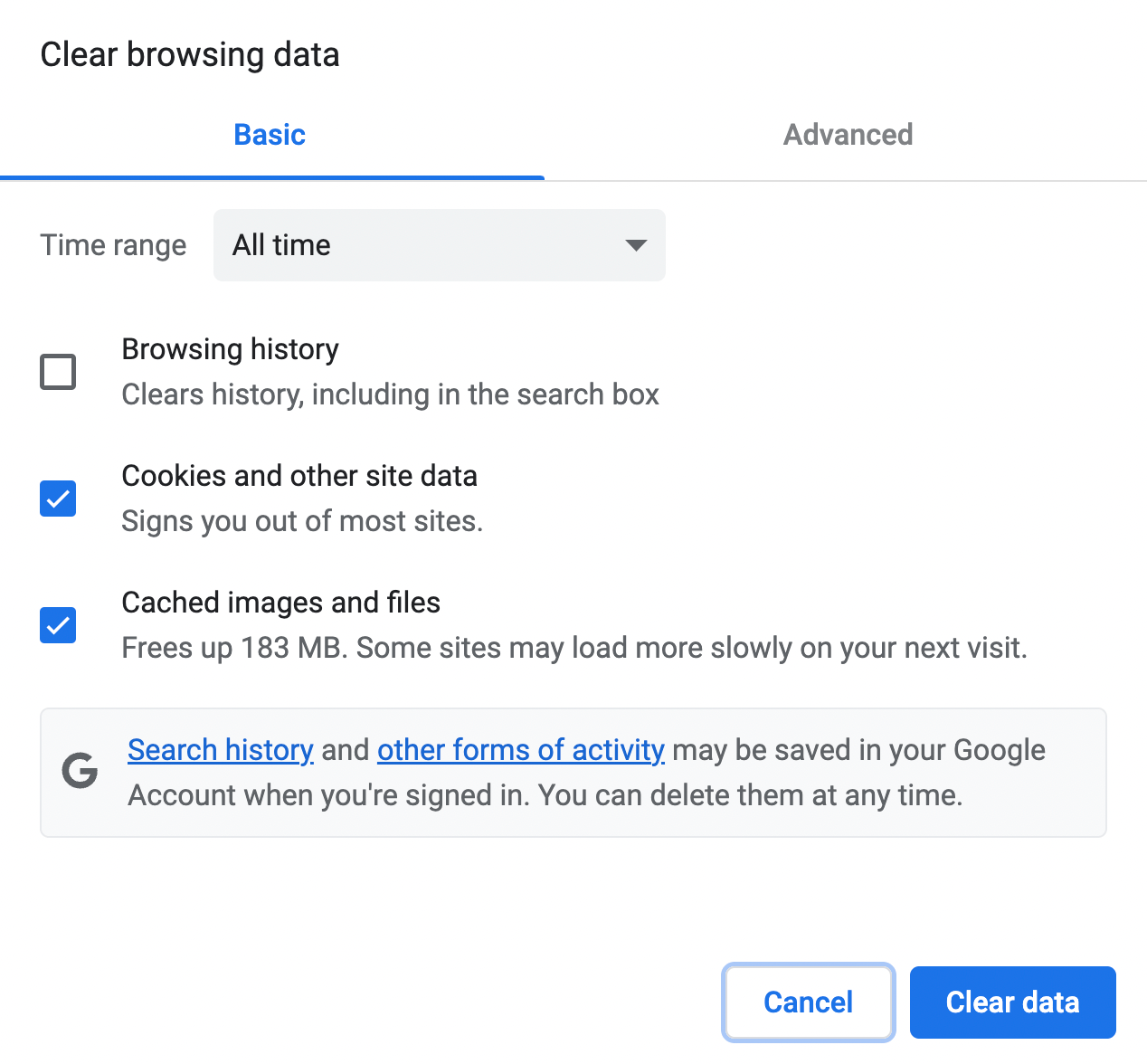 clear cache data in browser