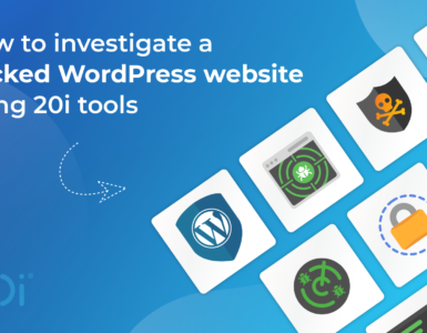 Banner image containing icons associated with web security and the blog title "How to investigate a hacked WordPress website using 20i tools"