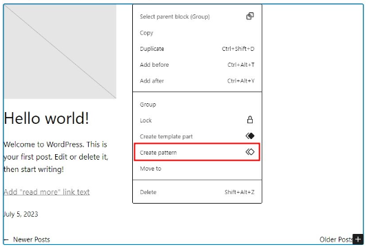 Create a pattern option in wordpress 6.3