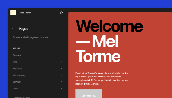 Wordpress theme preview reading Welcome - Mel Torme