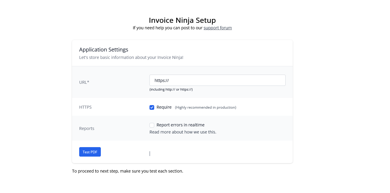 Invoice Ninja setup page