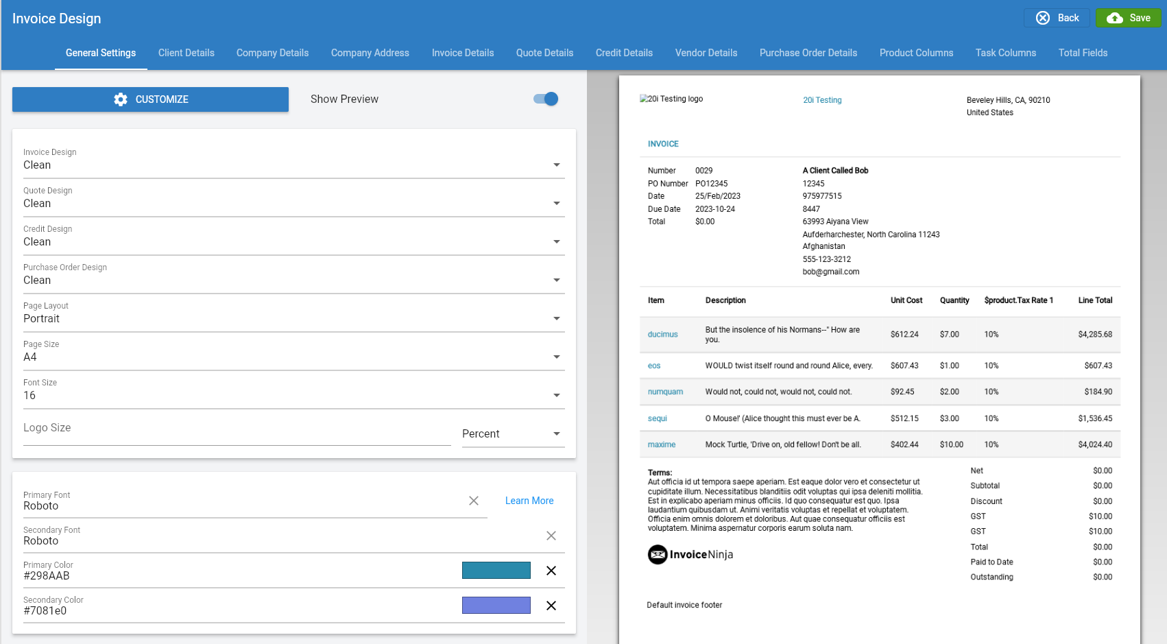 Invoice design step of Invoice Ninja