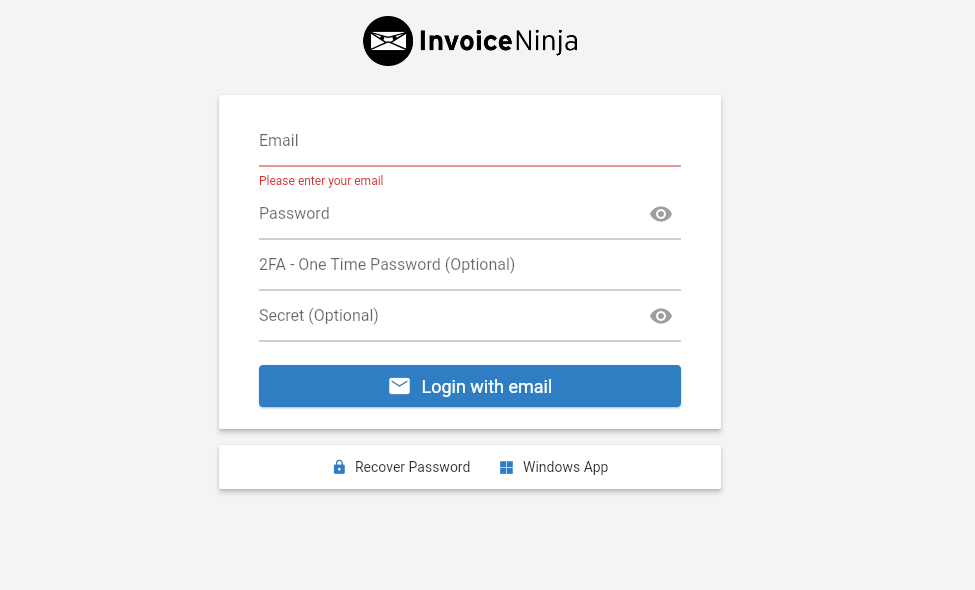 Invoice Ninja login page