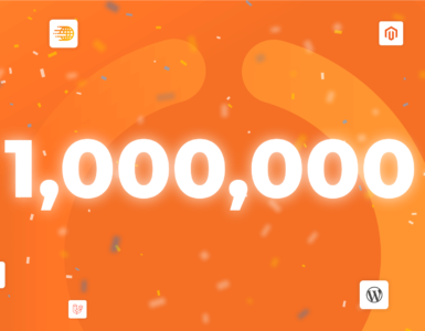 Graphic showing the number 1 million in stylised, glowing text with various website related icons in the background