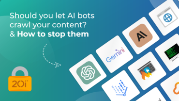 Image showing logos for popular AI bots. Text says "Should you let AI bots crawl your content? & How to stop them" A padlock with the 20i logo is featured, illustrating that 20i has built-in security when it comes to protecting web content from AI bots.