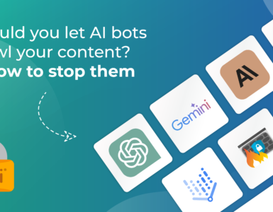 Image showing logos for popular AI bots. Text says "Should you let AI bots crawl your content? & How to stop them" A padlock with the 20i logo is featured, illustrating that 20i has built-in security when it comes to protecting web content from AI bots.