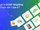 Graphic depicting OCSP stapling through having an icon of a padlock stapled to an image of an SSL certificate