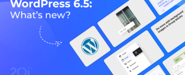 WordPress 6.5: What's new? Various features depicted via light coloured tiles on a blue background.