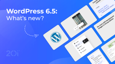 WordPress 6.5: What's new? Various features depicted via light coloured tiles on a blue background.