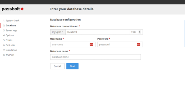 passbolt installation database details screen