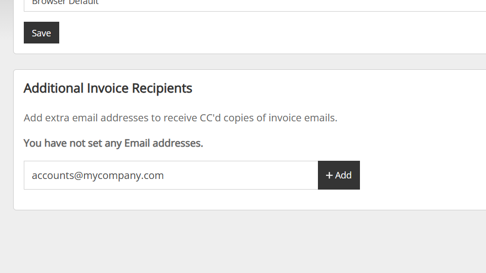 Screenshot of the StackCP User interface wherein additional invoice recipients can be added