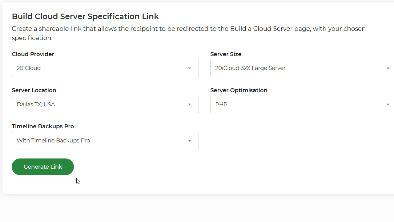 Screenshot of the Build Cloud Server Specification link