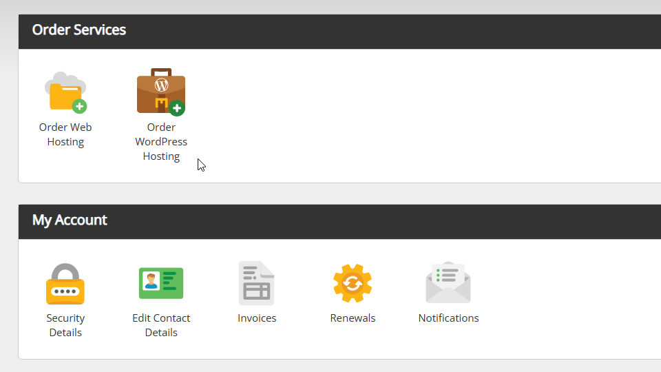 Screenshot of the new Order WordPress Hosting icon