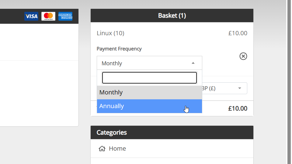 Screenshot showing the Monthly and Annually payment frequency options
