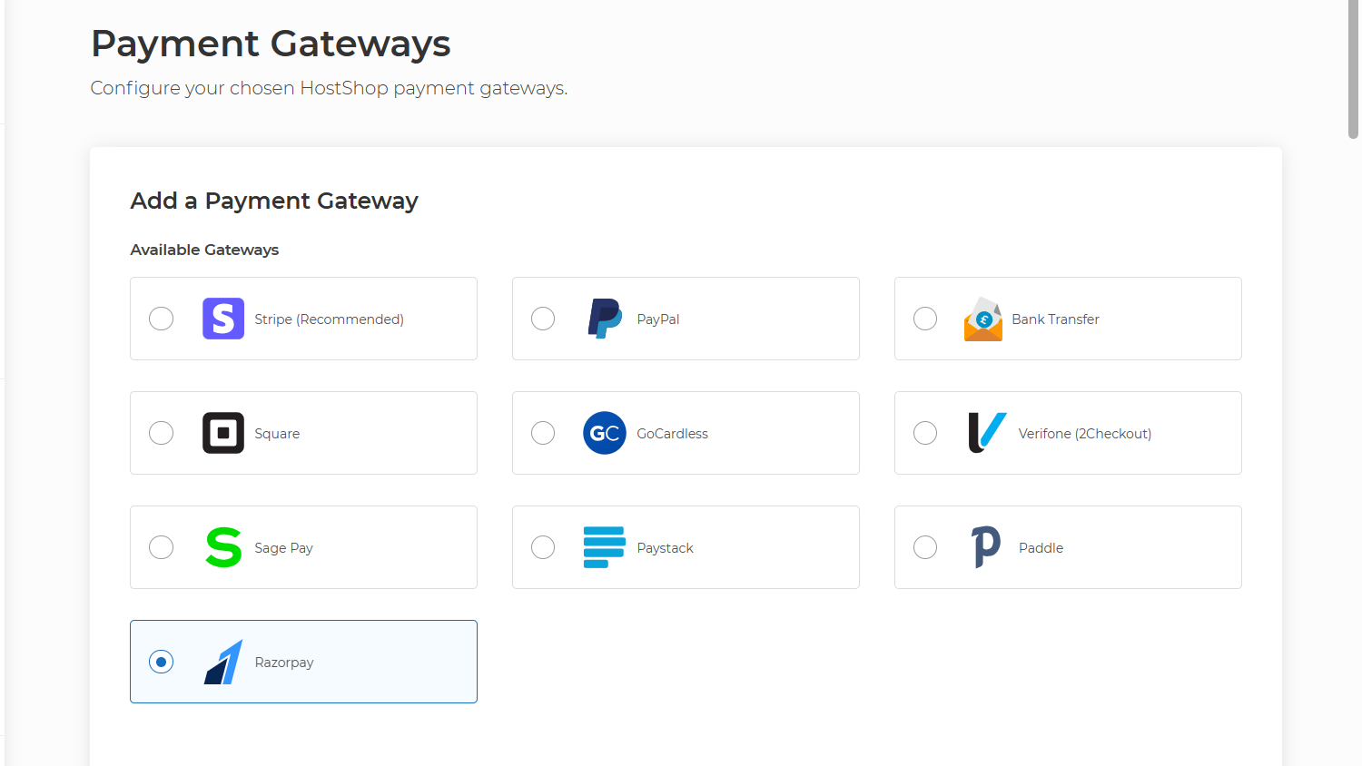 Screenshot showing the new Razorpay option as a payment gateway in HostShop