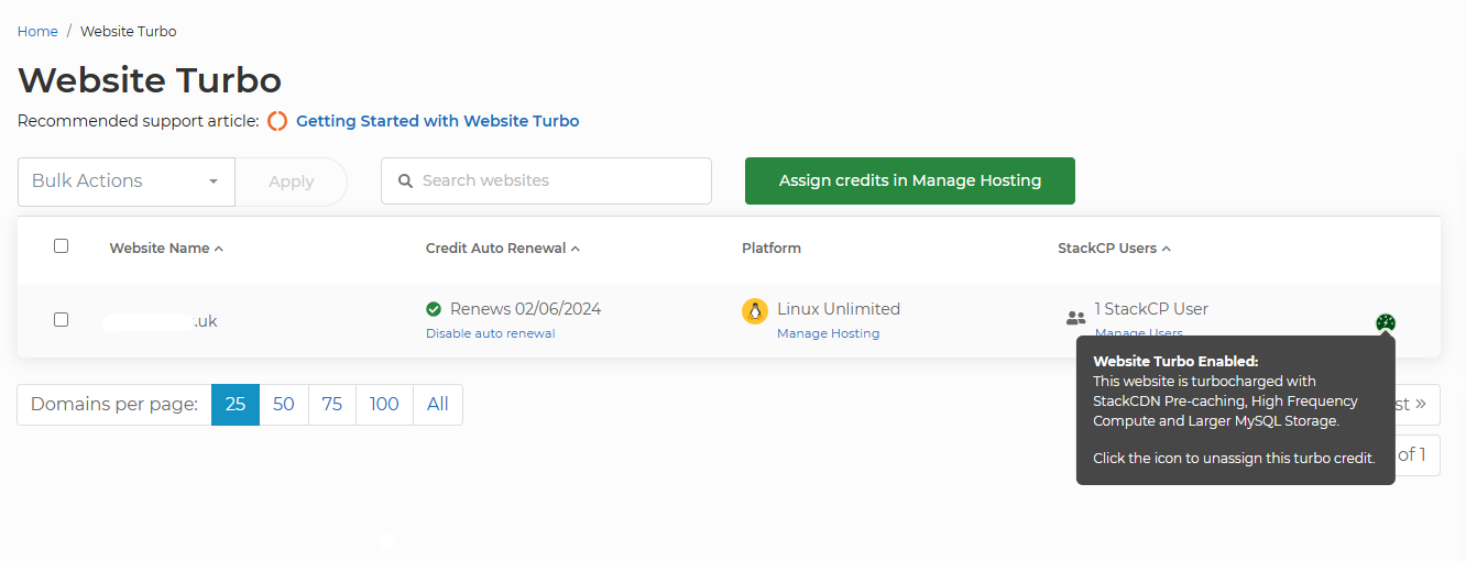 Screenshot of Website Turbo Enabled on a hosting package in My20i