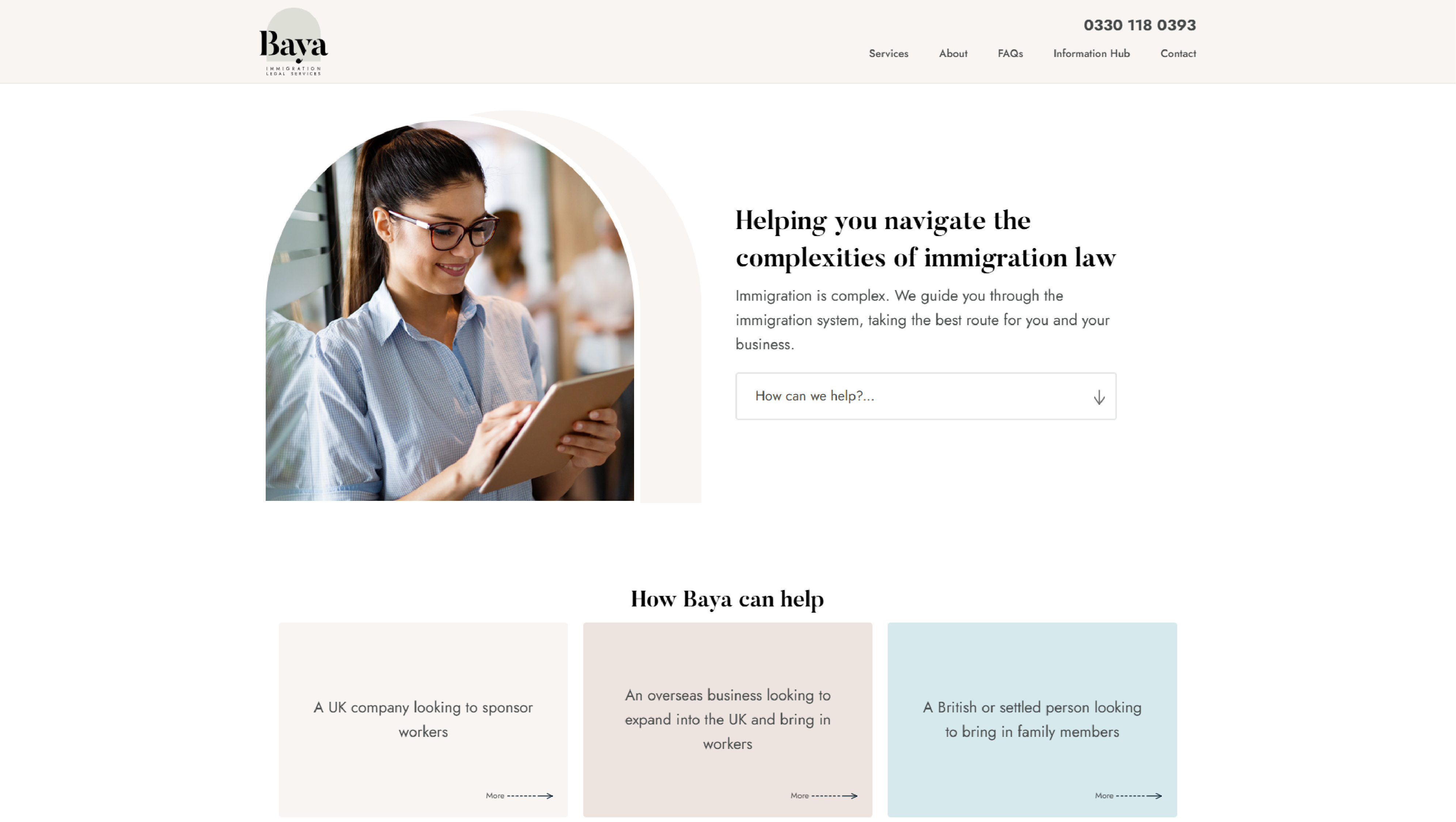 Screenshot of Baya Immigration website by COBA