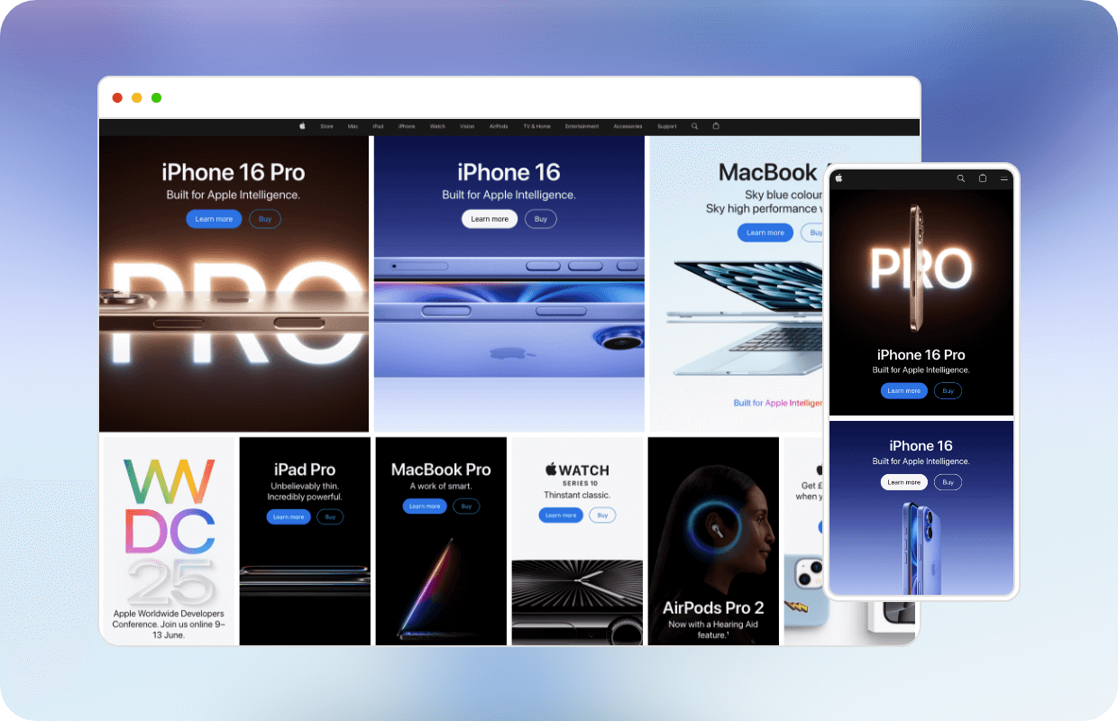 Mockup of Apple homepage with multiple products listed in a grid.