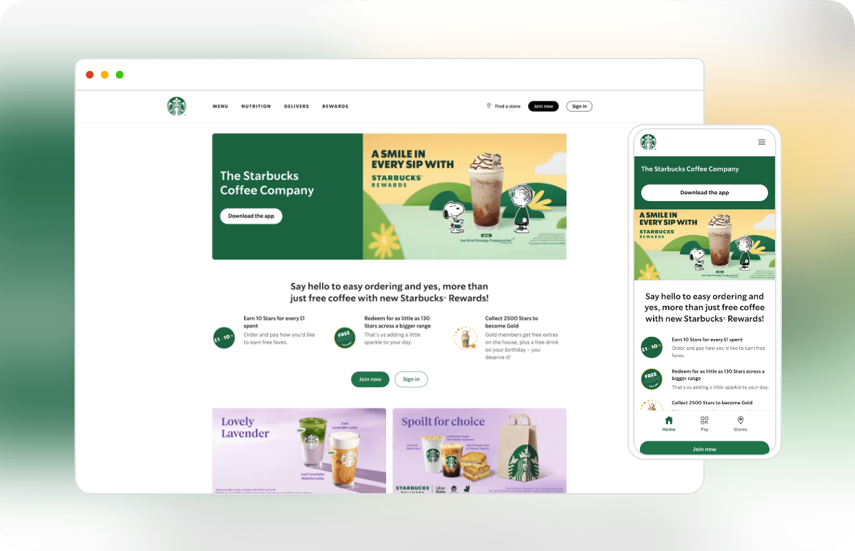Starbucks coffee homepage desktop v mobile comparison.