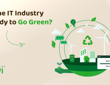 Graphic with "Is the IT Industry Ready to Go Green?" and various visual elements depicting green, sustainable practises.
