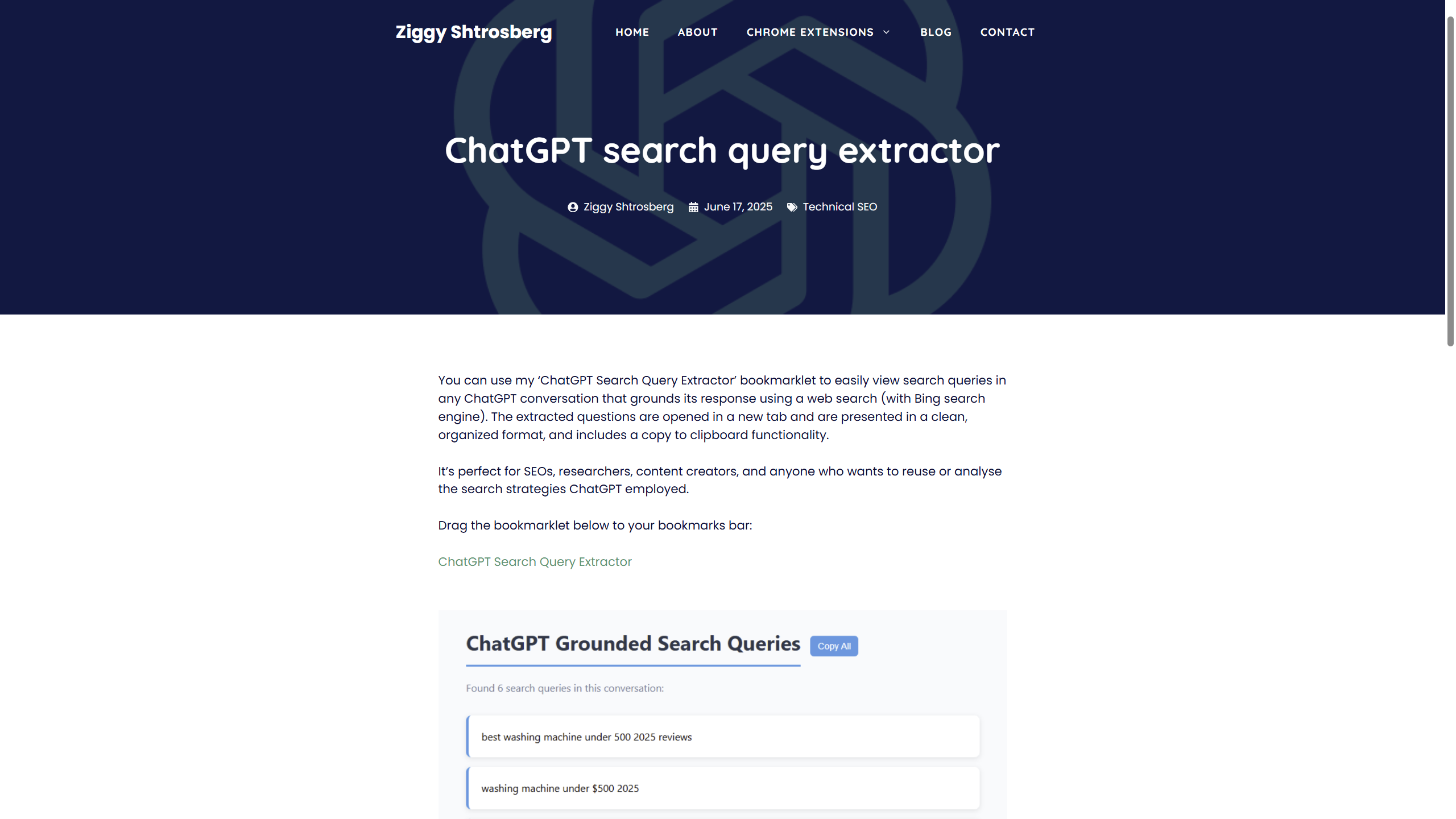 Screenshot of the ChatGPT search query extractor home page