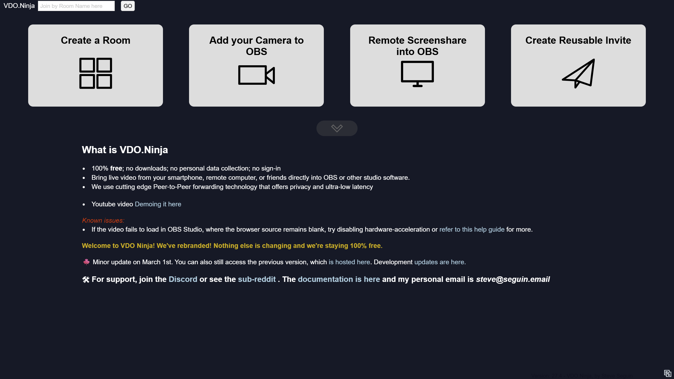 Screenshot of VDO.Ninja home page
