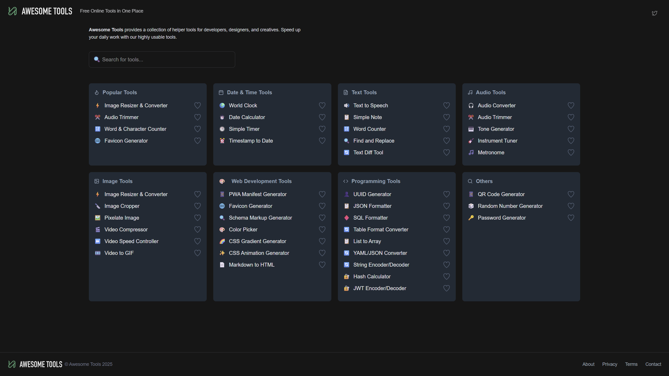 Screenshot of the Awesome Tools home page