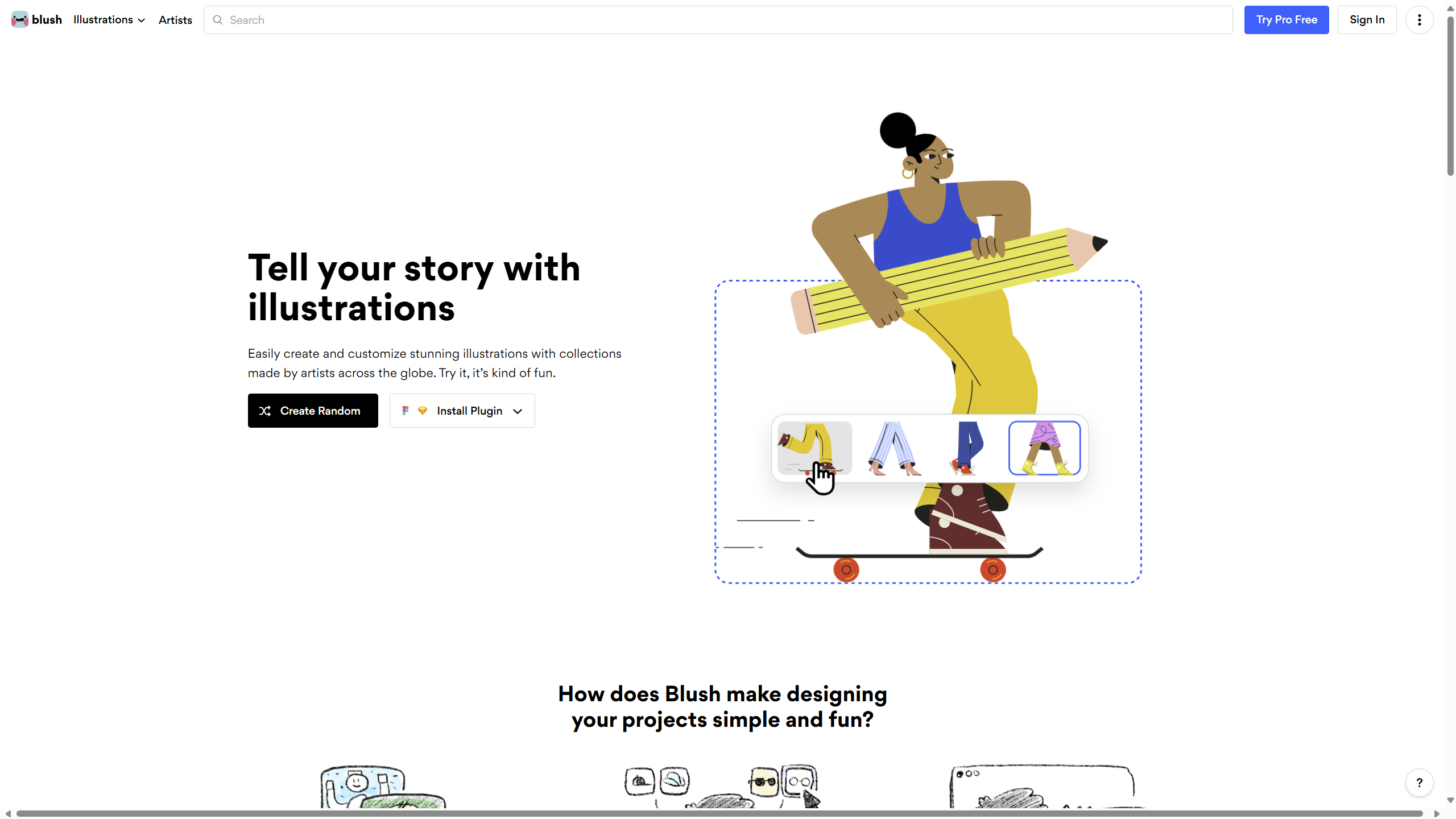 Screenshot of the Blush home page