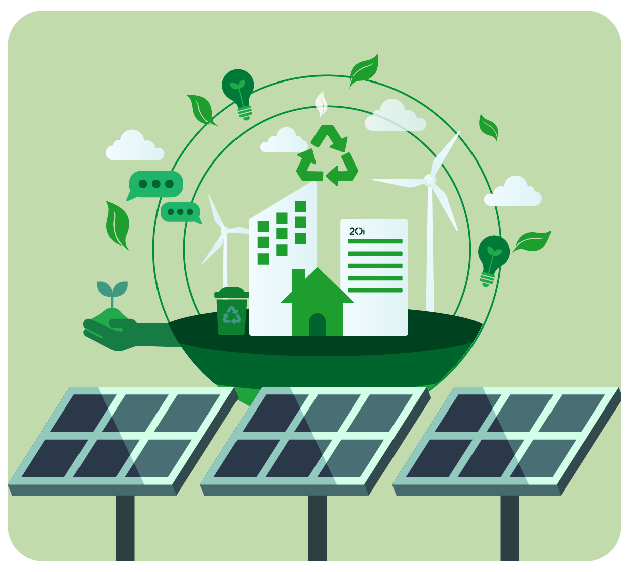 Graphic depicting buildings, including a data centre, fuelled by solar power