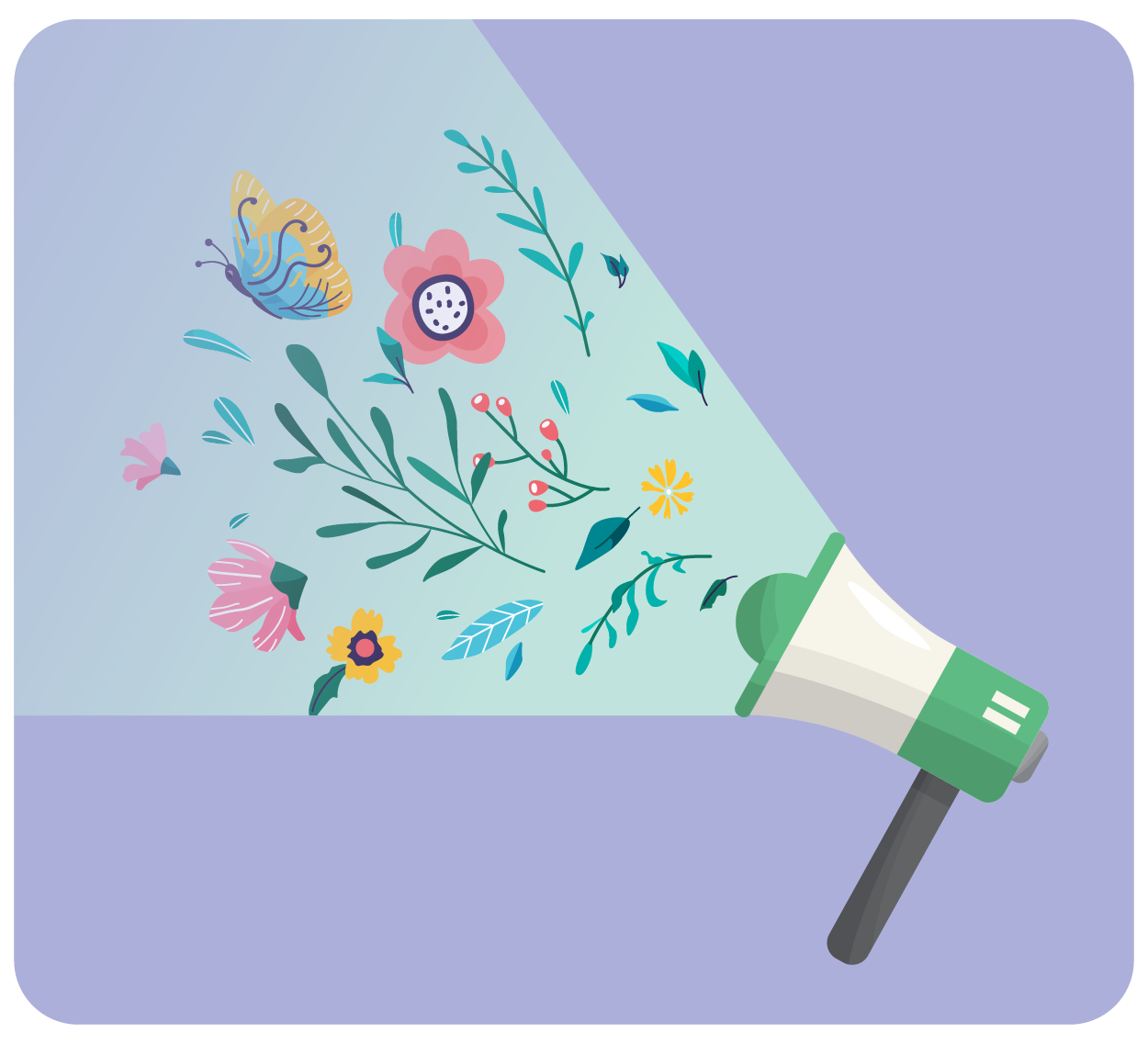 A megaphone projecting plants, flowers and butterflies to represent marketing green credentials