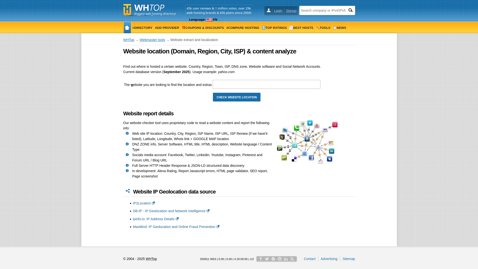Screenshot of the WHTop Website Location Tool homepage