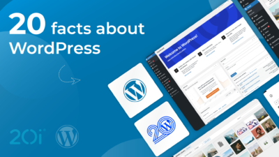 20 facts about WordPress. Elements of the WordPress user interface are depicted through stylised screenshots.