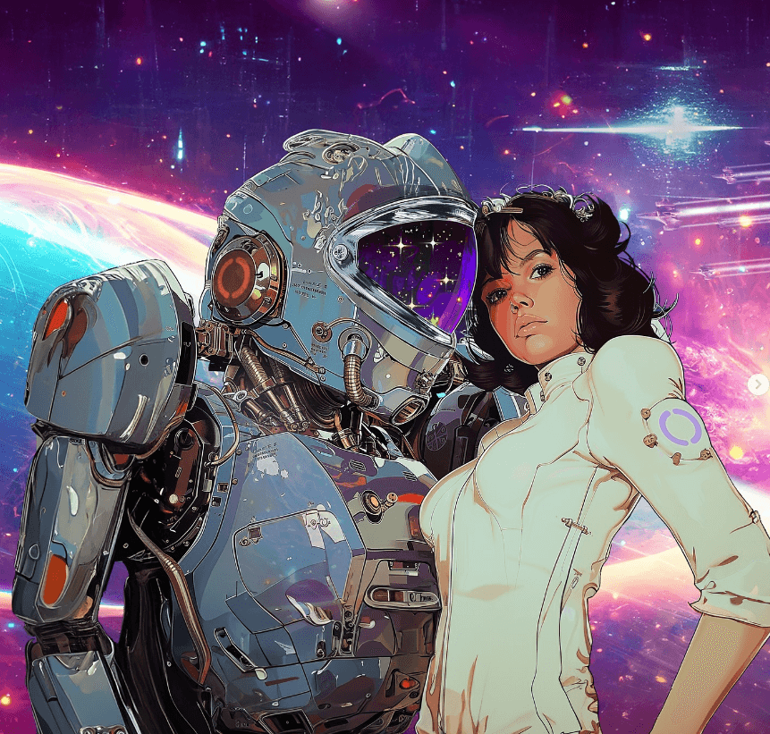 Cyberpunk style astronaut suit and female astronaut with planet and cosmos in the background