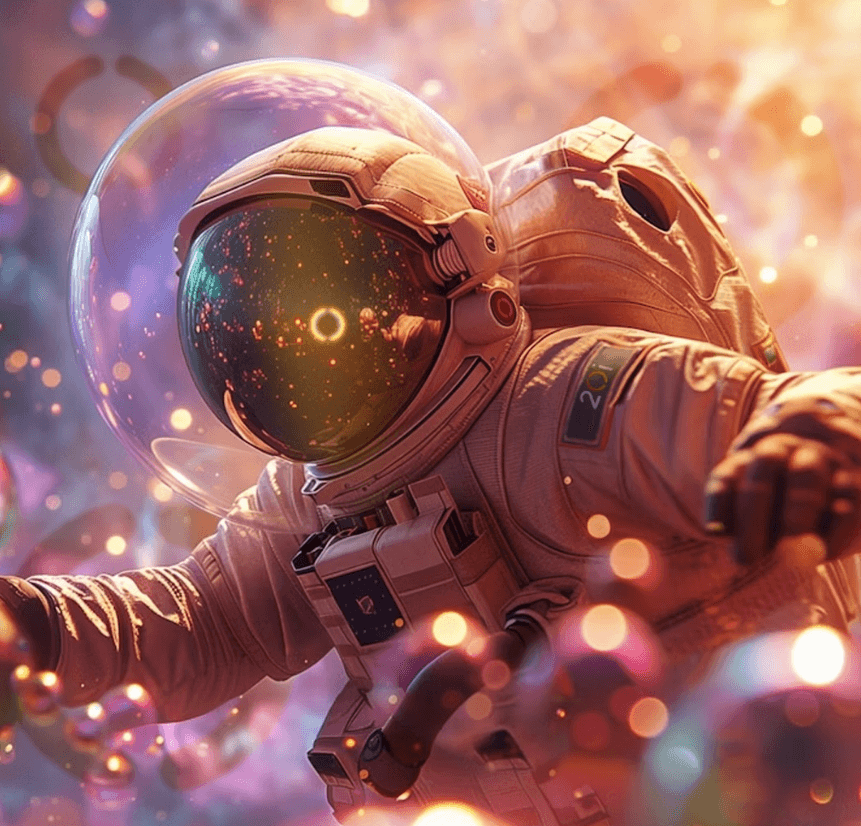 Astronaut with bubble over visor in an environment with colourful particles. Starscape is reflected in the blackness of the astronaut's visor, as is a glowing 20i emblem. The astronaut has a 20i logo patch on its left shoulder.