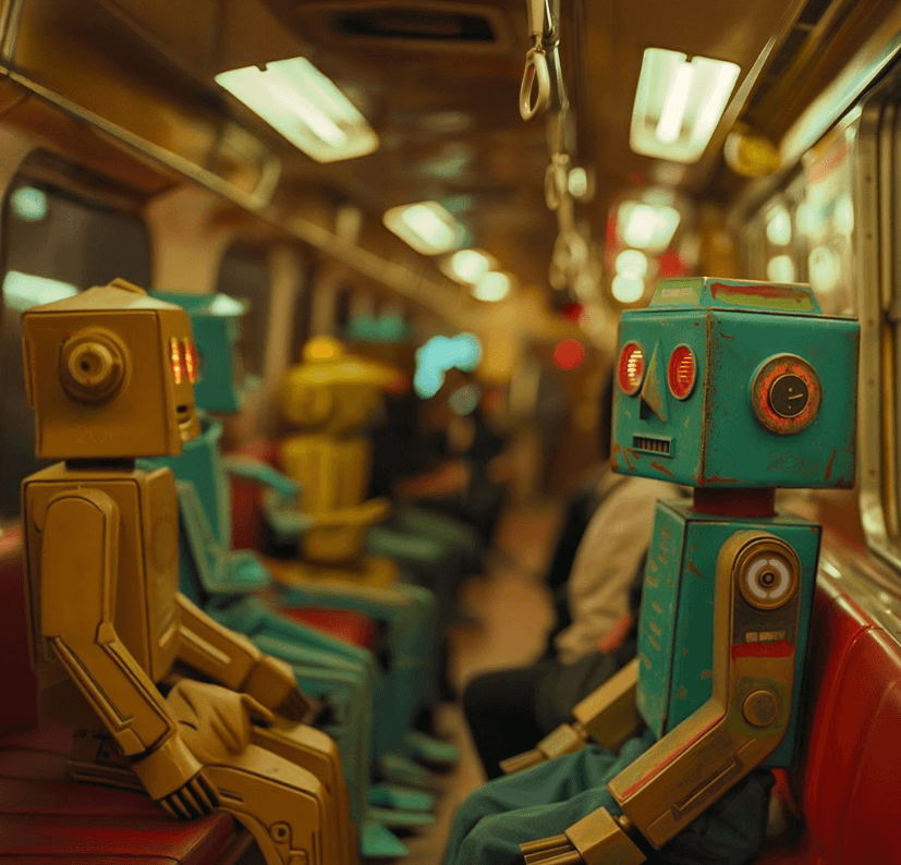 Cute, folded metal robots commuting on a cramped, full train.
