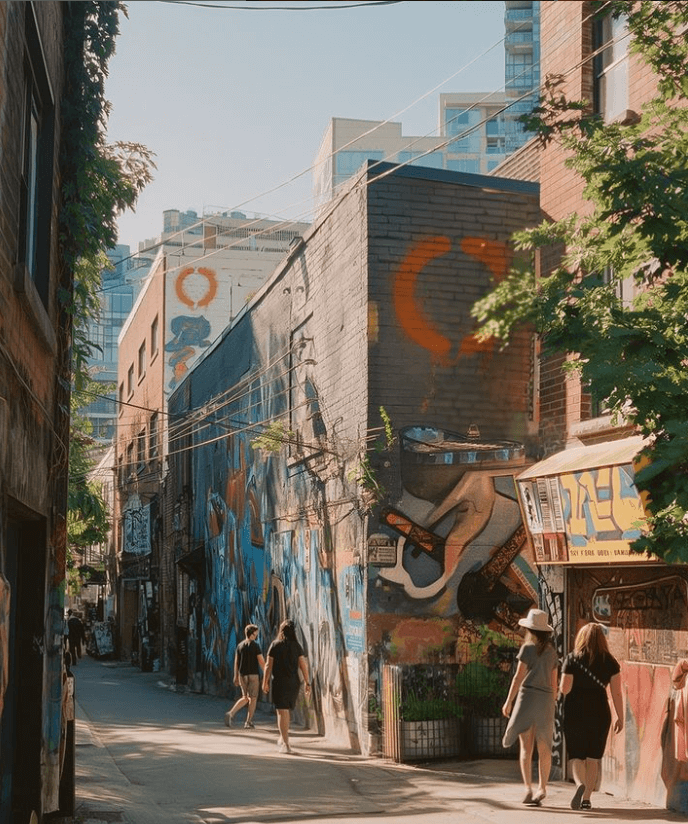 CGI of people walking through an urban alleyway, with 20i-themed graffiti on some of the walls