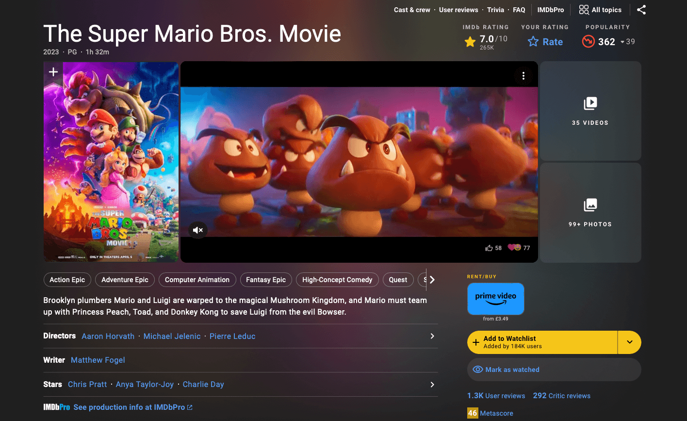 Screenshot of The Super Mario Bros. Movie on Amazon Prime Video, showing a cluttered UI