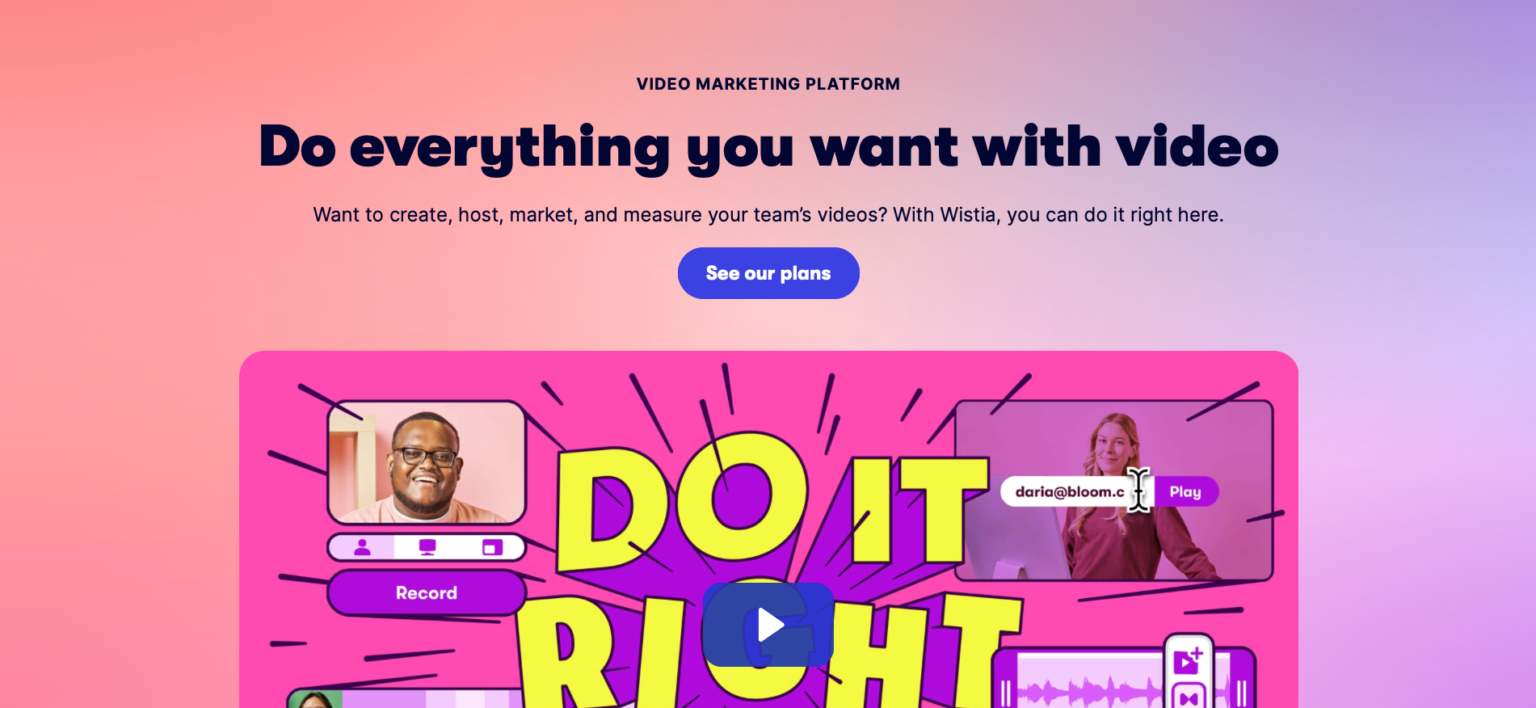 Screenshot of the Wistia homepage, demonstrating exemplary use of whitespace in web design