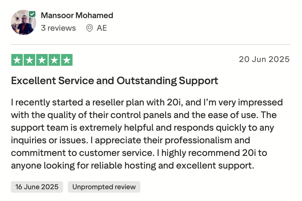 20i 5 star trustpilot review from Mansoor Mohamed