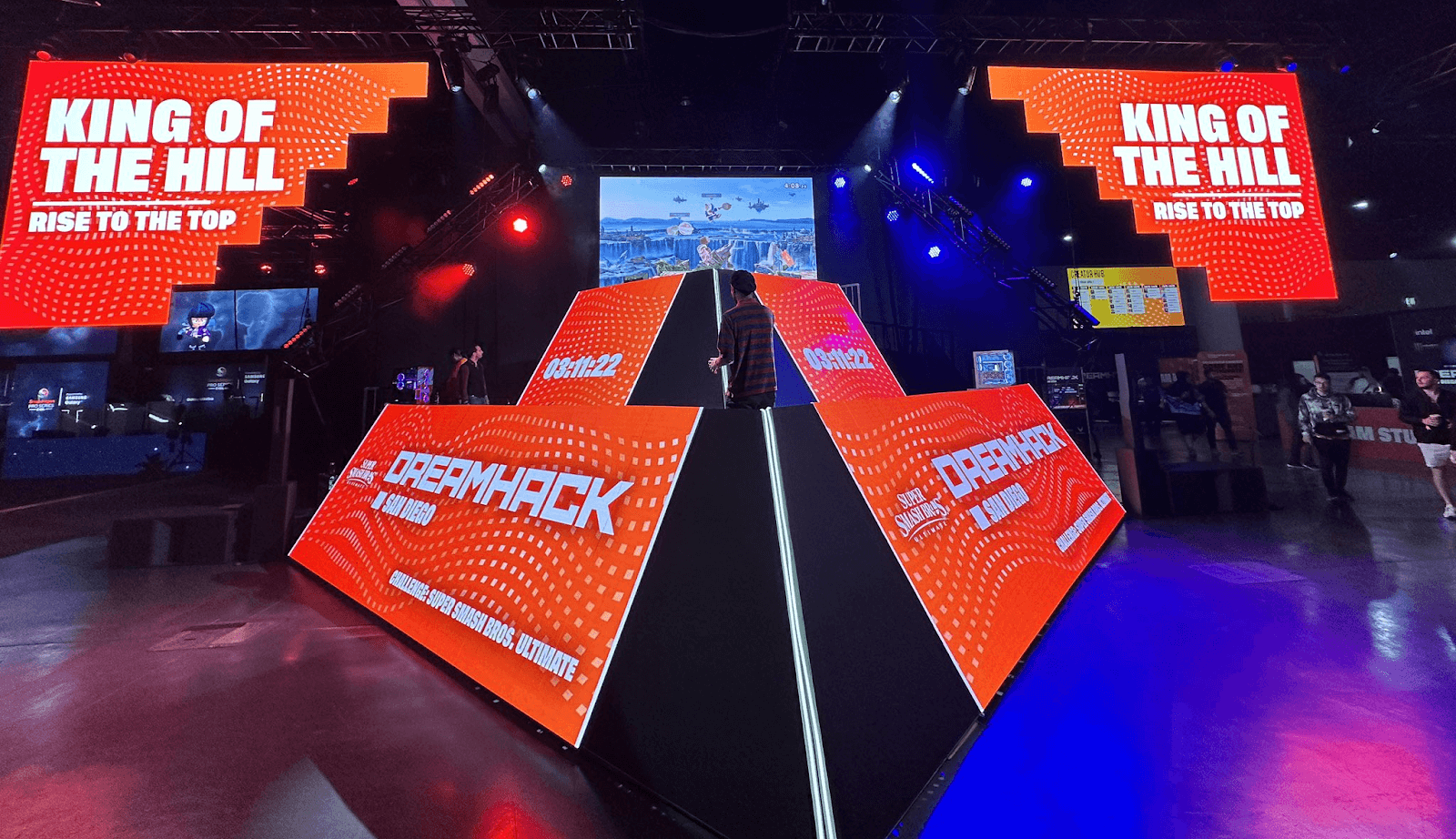 Photo of The Pyramid at DreamHack San Diego with 3x 16:9 canvases of LED walls powered by OBS. Picture taken by Alex "Jebailey"