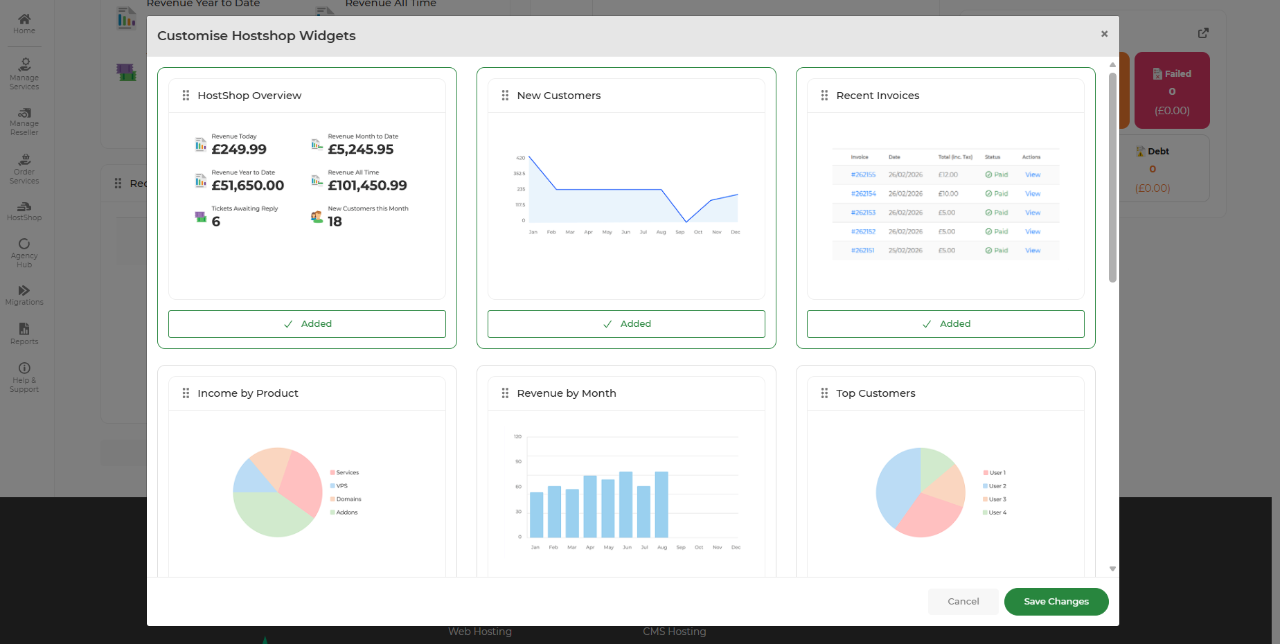 Customise HostShop Widgets overview