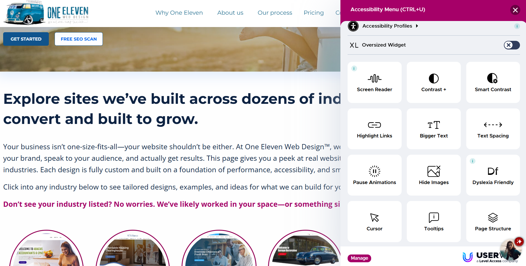 One Eleven Web Design ADA accessibility menu