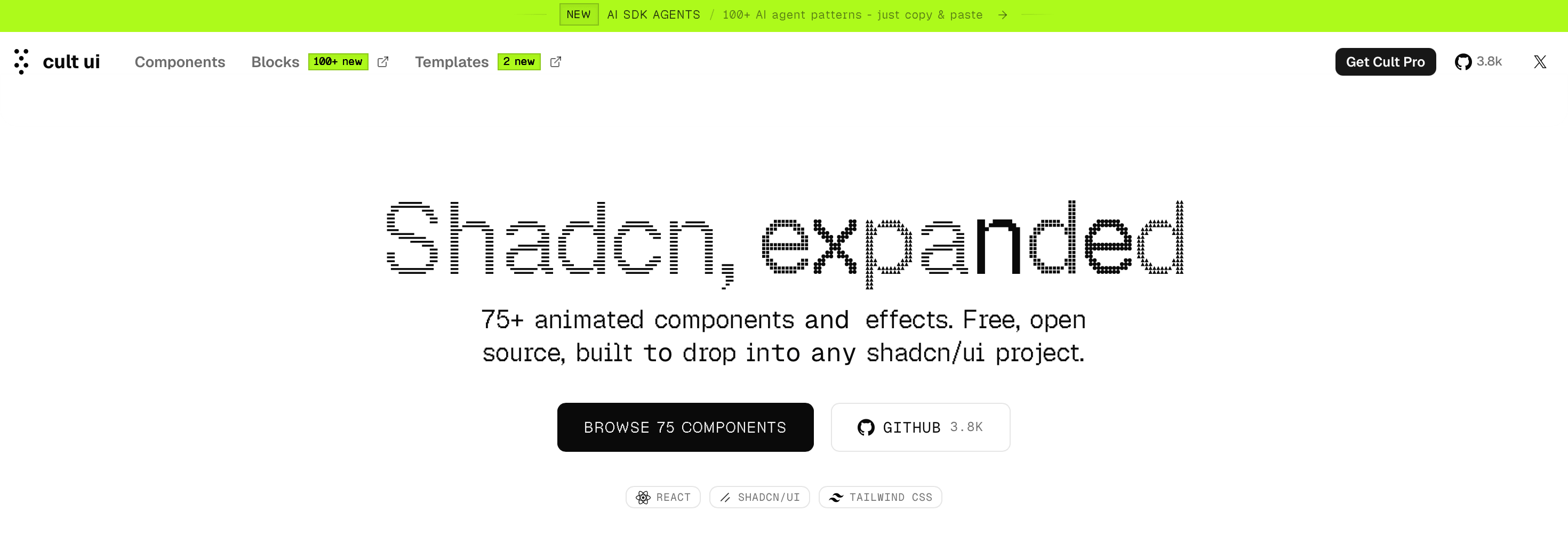 Screenshot of the Cult UI homepage