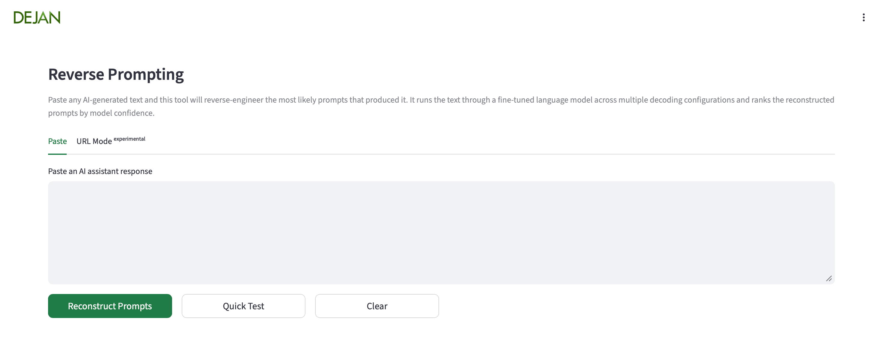 Screenshot of the Reverse Prompting tool homepage