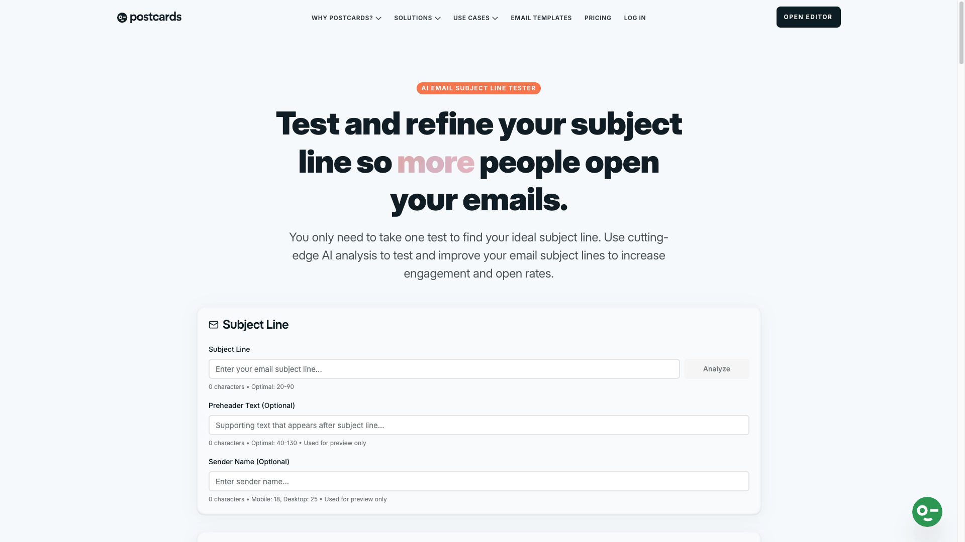 Screenshot of Designmodo/postcards Ai-powered Email Subject Line Tester page